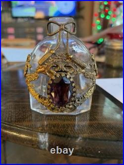 Vintage Jeweled Perfume Bottle with Gold Plated Bows, Tassels & Ribbons PURPLE