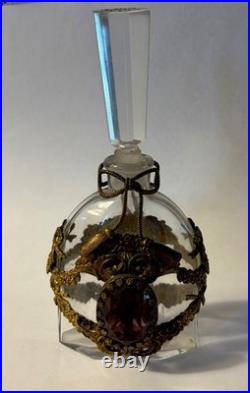 Vintage Jeweled Perfume Bottle with Gold Plated Bows, Tassels & Ribbons PURPLE
