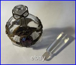 Vintage Jeweled Perfume Bottle with Gold Plated Bows, Tassels & Ribbons PURPLE