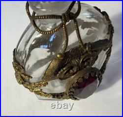 Vintage Jeweled Perfume Bottle with Gold Plated Bows, Tassels & Ribbons PURPLE