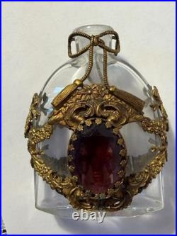 Vintage Jeweled Perfume Bottle with Gold Plated Bows, Tassels & Ribbons PURPLE