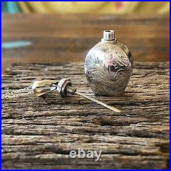 Vintage Jewellery Sterling Silver Perfume Bottle Pendant 3D With Wand, Etched