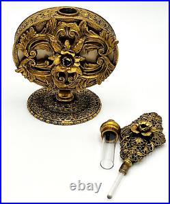 Vintage Large 9.5 Victorian Ormolu Filigree Gold Metal Perfume Bottle 3D Flower