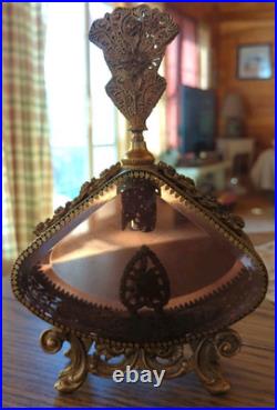 Vintage Large Beveled Glass Floral Gold Gilt Brass Ormolu Footed Perfume Bottle