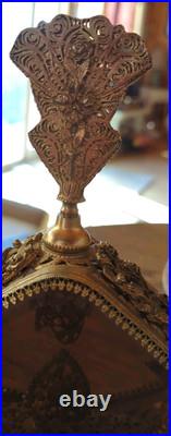 Vintage-Large Beveled Glass Floral Gold Gilt Brass Ormolu Footed Perfume Bottle