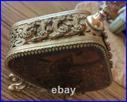 Vintage Large Beveled Glass Floral Gold Gilt Brass Ormolu Footed Perfume Bottle