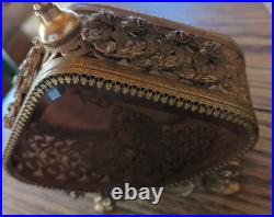 Vintage-Large Beveled Glass Floral Gold Gilt Brass Ormolu Footed Perfume Bottle