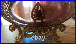 Vintage Large Beveled Glass Floral Gold Gilt Brass Ormolu Footed Perfume Bottle