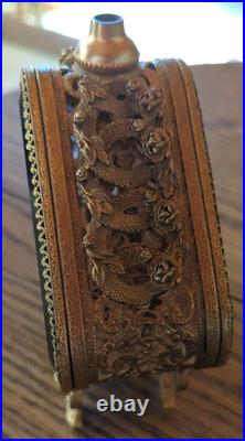 Vintage-Large Beveled Glass Floral Gold Gilt Brass Ormolu Footed Perfume Bottle