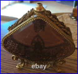 Vintage-Large Beveled Glass Floral Gold Gilt Brass Ormolu Footed Perfume Bottle