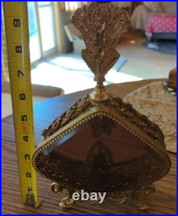 Vintage-Large Beveled Glass Floral Gold Gilt Brass Ormolu Footed Perfume Bottle