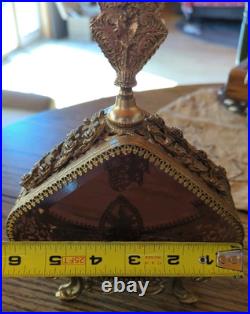 Vintage Large Beveled Glass Floral Gold Gilt Brass Ormolu Footed Perfume Bottle