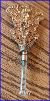 Vintage-Large Beveled Glass Floral Gold Gilt Brass Ormolu Footed Perfume Bottle