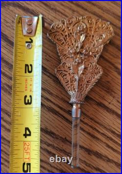 Vintage-Large Beveled Glass Floral Gold Gilt Brass Ormolu Footed Perfume Bottle