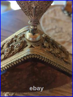 Vintage-Large Beveled Glass Floral Gold Gilt Brass Ormolu Footed Perfume Bottle