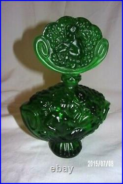 Vintage Large Bohemian Czech INGRID Emerald Green Glass NUDES PERFUME BOTTLE