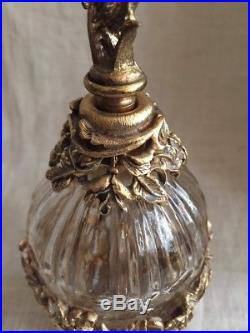Vintage Large Ormolu Gold Tone Metal Filigree Roses Perfume Bottle, Excellent