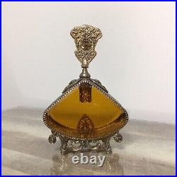 Vintage Large Ornate Floral Filigree Perfume Bottle Amber Glass Vanity Decor