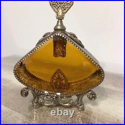 Vintage Large Ornate Floral Filigree Perfume Bottle Amber Glass Vanity Decor