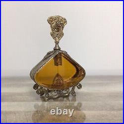 Vintage Large Ornate Floral Filigree Perfume Bottle Amber Glass Vanity Decor