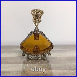 Vintage Large Ornate Floral Filigree Perfume Bottle Amber Glass Vanity Decor