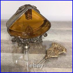 Vintage Large Ornate Floral Filigree Perfume Bottle Amber Glass Vanity Decor