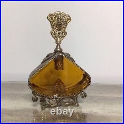 Vintage Large Ornate Floral Filigree Perfume Bottle Amber Glass Vanity Decor