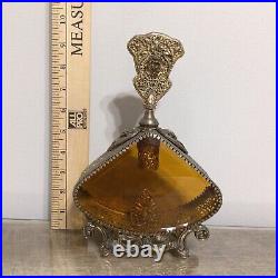 Vintage Large Ornate Floral Filigree Perfume Bottle Amber Glass Vanity Decor