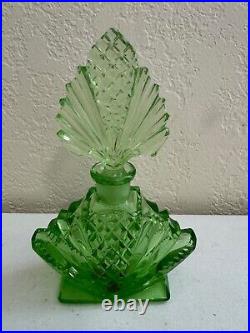 Vintage Likely Czech Glass or Crystal Green Perfume Bottle