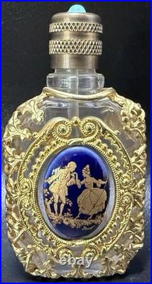 Vintage Limoges Cobalt Blue Filigree Perfume Bottle Gold Gilt Purse Vial France