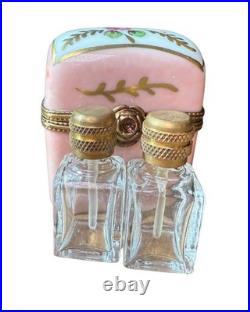 Vintage Limoges France Glass Perfume Bottles with Floral Porcelain Holder