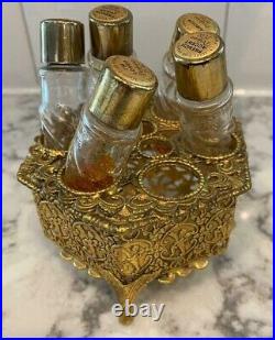 Vintage Louis D'or France Gold Antique Perfume Set Caddy 5 Glass Bottles Holder