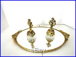 Vintage MATSON Oval Gold Vanity Mirror Tray Dauber Roses withTwo Perfume Bottles