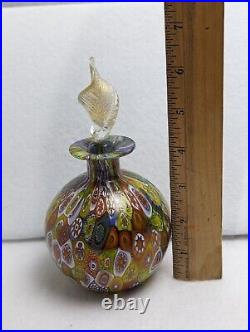 Vintage MURANO ART GLASS MILLEFIORI PERFUME BOTTLE Gold Leaf Stopper Big 6.5