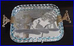 Vintage MURANO Italy Aqua Blue Twisted Glass Etched Perfume Bottle Vanity Tray