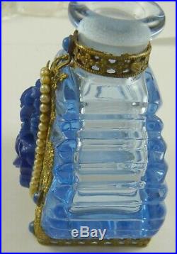 Vintage Made in Czechoslovakia Perfume Bottle Blue Pearl Metal Decorated PERFECT