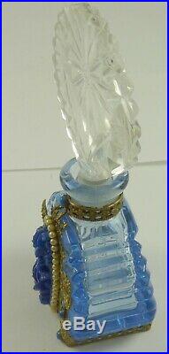 Vintage Made in Czechoslovakia Perfume Bottle Blue Pearl Metal Decorated PERFECT
