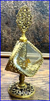 Vintage Matson Gold Filigree Diamond Ormolu Perfume Bottle / RARE UNUSUAL SHAPE