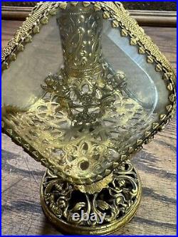 Vintage Matson Gold Filigree Diamond Ormolu Perfume Bottle / RARE UNUSUAL SHAPE