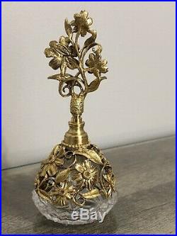 Vintage Matson Gold Metal Floral Filigree Ormolu Perfume Bottle Glass Dauber EUC
