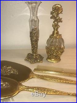 Vintage Matson lg crystal Ormolu gold metal filigree Roses Perfume Bottle K825