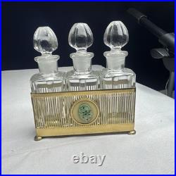 Vintage Metal Apollo Holder Caddy with 3 Glass Perfume Bottles Glass Dip Sticks