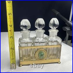 Vintage Metal Apollo Holder Caddy with 3 Glass Perfume Bottles Glass Dip Sticks