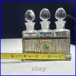 Vintage Metal Apollo Holder Caddy with 3 Glass Perfume Bottles Glass Dip Sticks