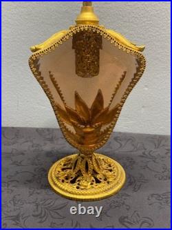 Vintage Mid Century Ormolu Perfume Bottle with Amber Glass