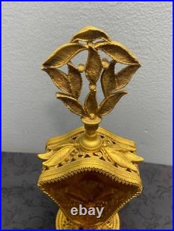 Vintage Mid Century Ormolu Perfume Bottle with Amber Glass
