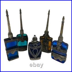 Vintage Middle Eastern Perfume Bottles Set 5 Colored Glass Metal Overlay Long Da