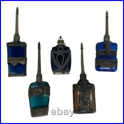 Vintage Middle Eastern Perfume Bottles Set 5 Colored Glass Metal Overlay Long Da