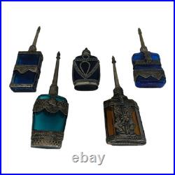 Vintage Middle Eastern Perfume Bottles Set 5 Colored Glass Metal Overlay Long Da