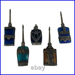 Vintage Middle Eastern Perfume Bottles Set 5 Colored Glass Metal Overlay Long Da